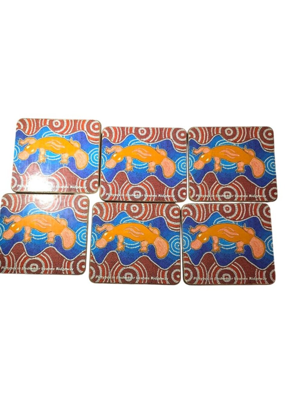 Set Of 6 Coasters Platypus In Freshwater Aboriginal Art Cork Leanne Ridgeway